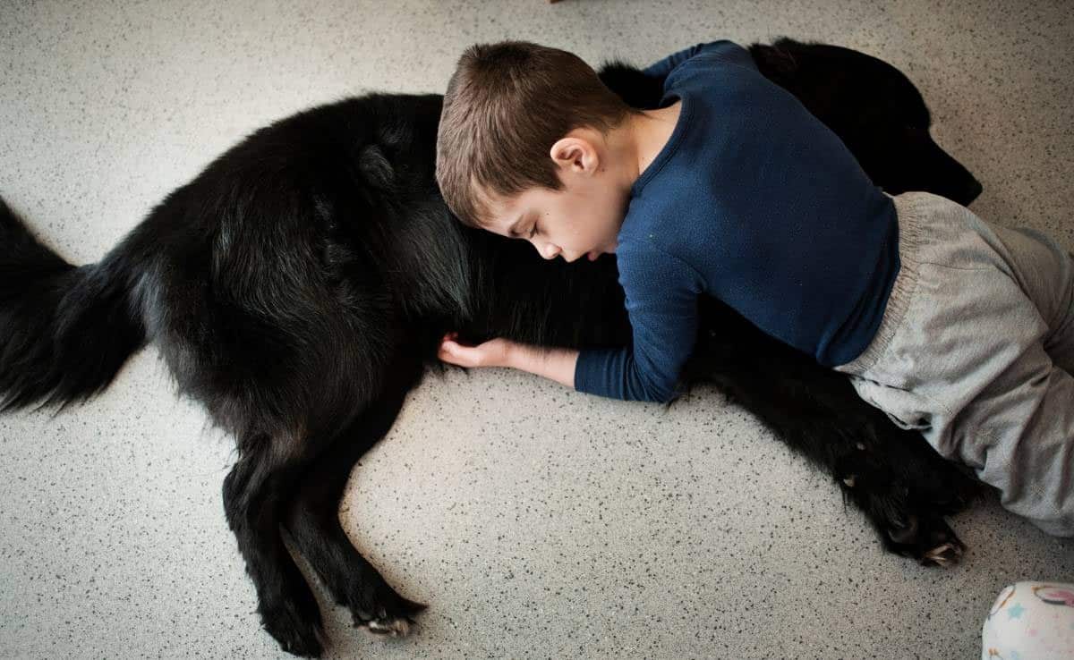 Jongen ligt op de grond en knuffelt grote zwarte hond