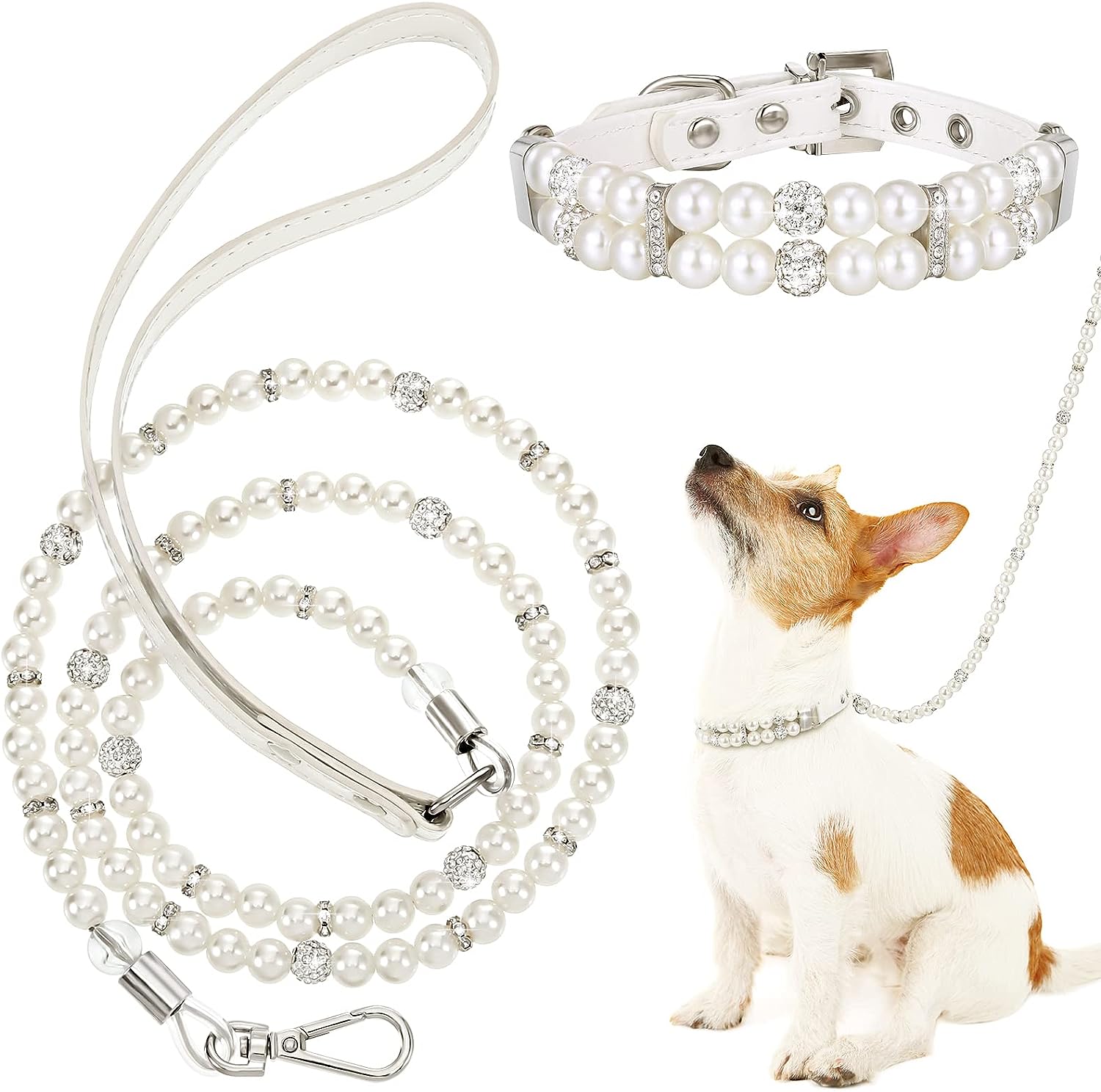 Weewooday 2 stuks hond kunstmatige parel halsbanden leiband set voor hond