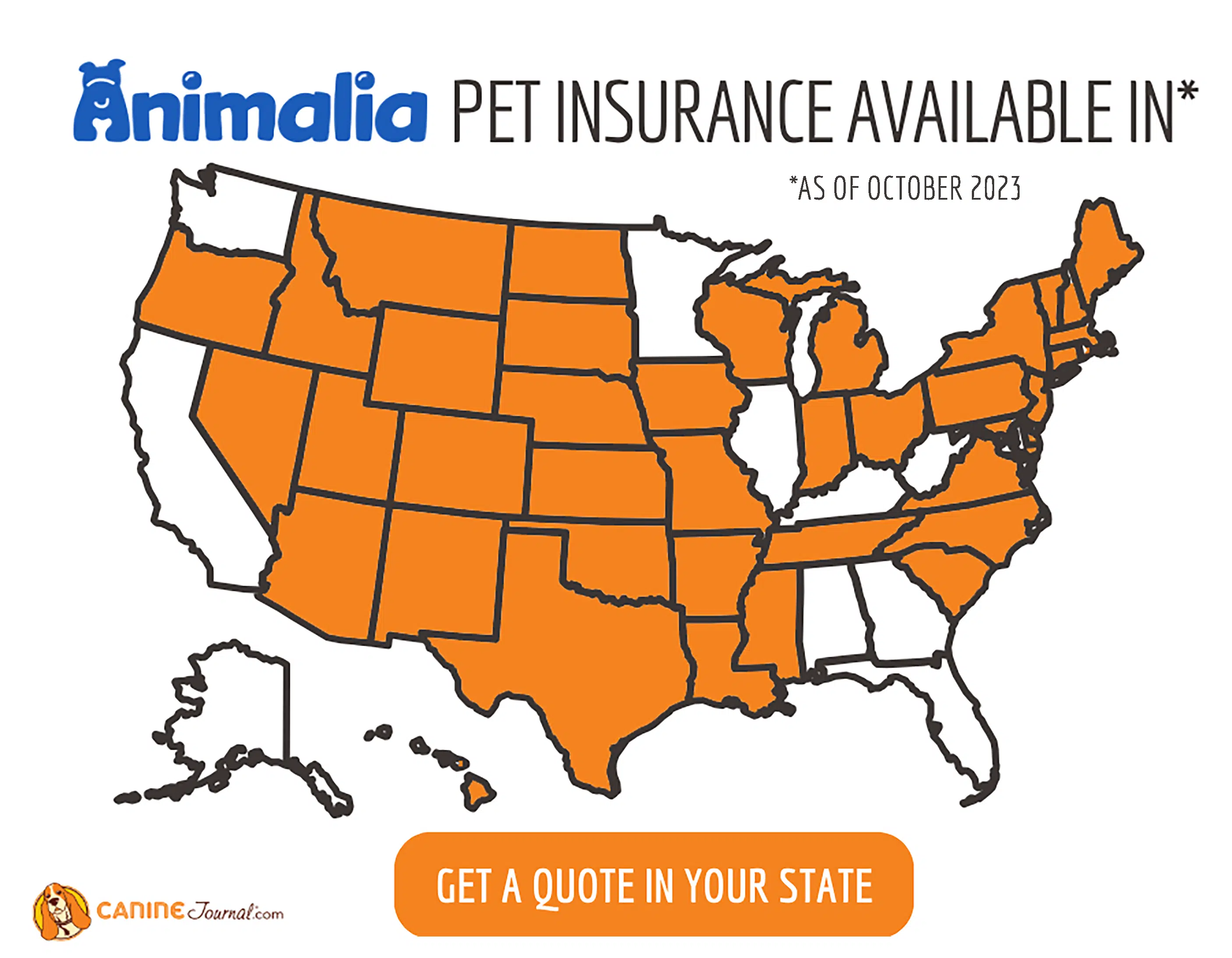 Animalia Pet Insurance beschikbaarheid Verenigde Staten kaart