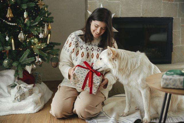 Kerstcadeau openen met hond