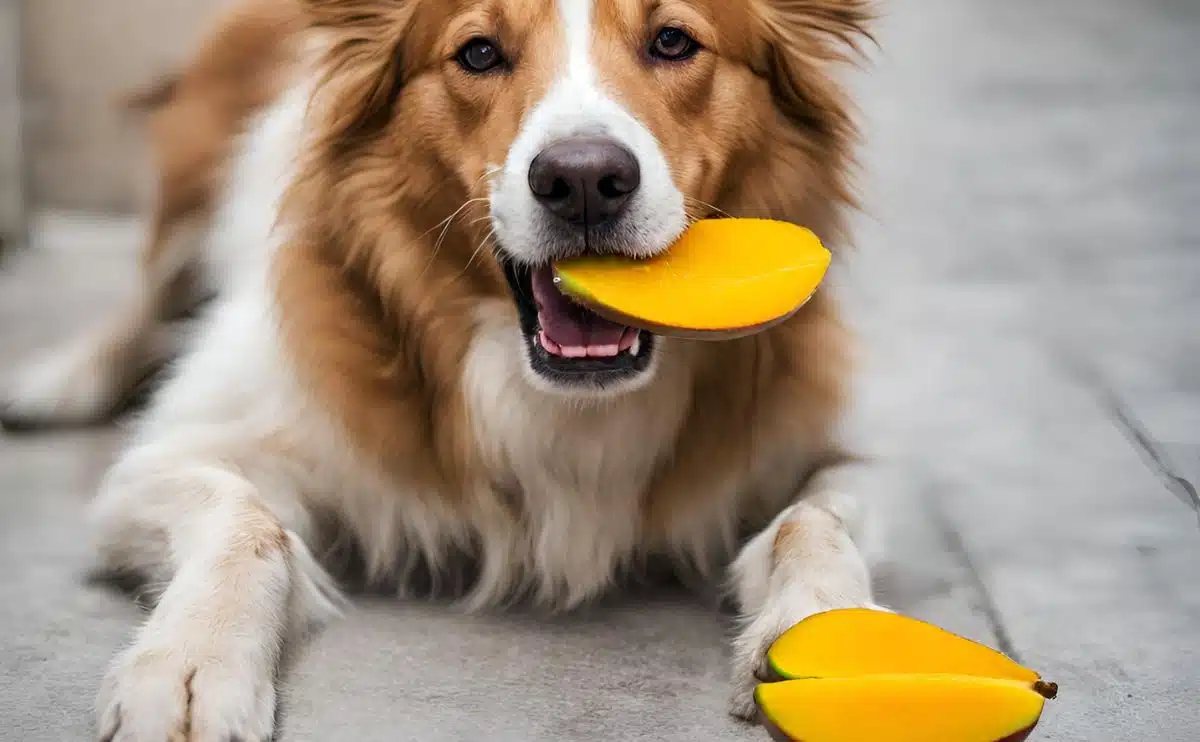 Collie hond die met mango in mond ligt