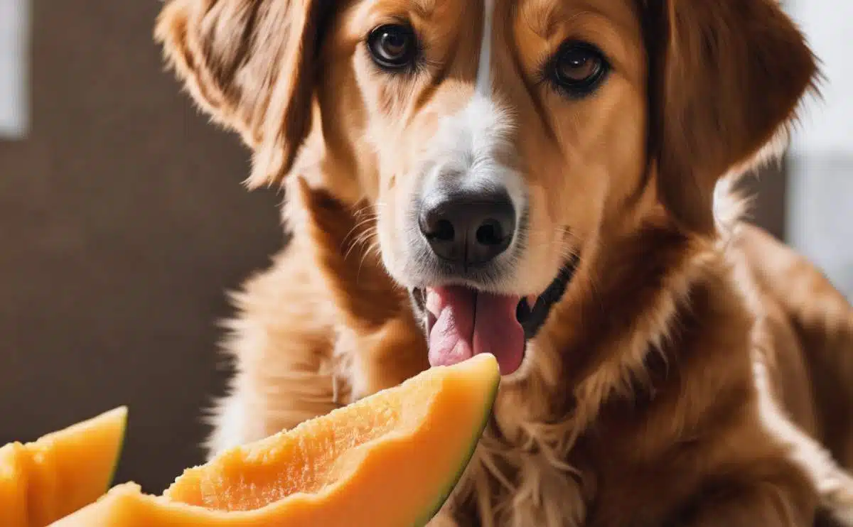 Een Golden Retriever-hond die plakjes meloen eet.