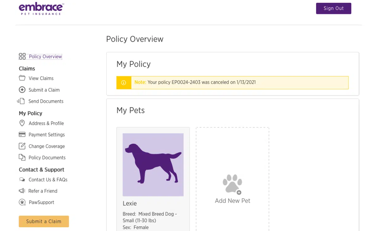 Screenshot van het dashboard van de Embrace-huisdierenverzekering met geannuleerde polis png