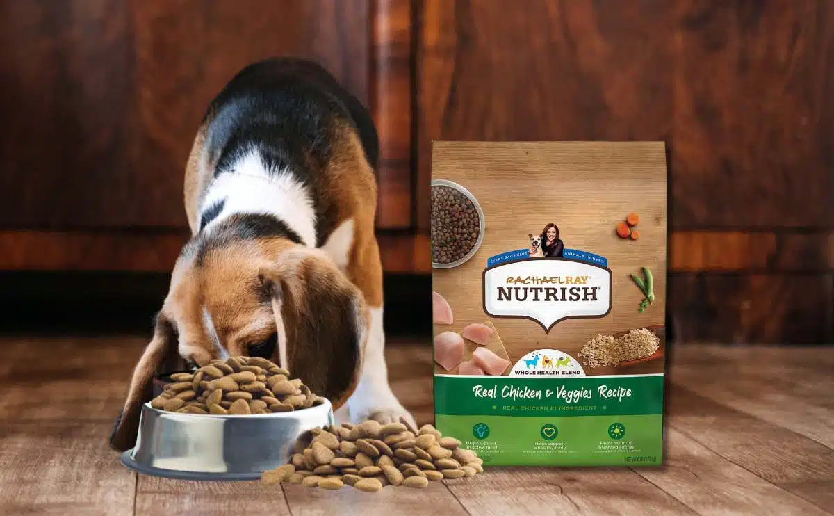 Beagle naast zak Rachael Ray Nutrish Hondenvoer brokken op de grond.
